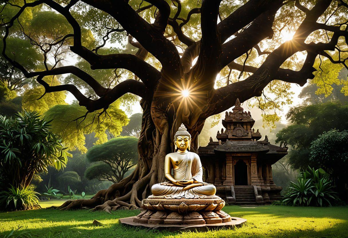 A serene landscape showcasing a blend of ancient Indian temples and lush greenery, adorned with symbols of karma and spiritual practices. Include a wise oracle figure meditating under a Bo tree, surrounded by floating vibrant mandalas representing transformation. Add a soft golden light illuminating the scene, creating a mystical atmosphere. super-realistic. vibrant colors. mystical ambiance.