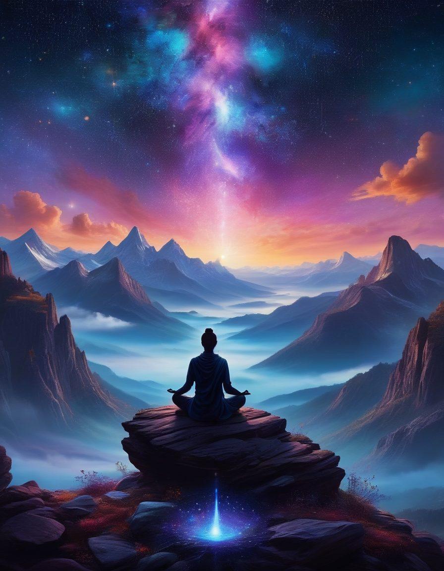 A mystical landscape featuring a person sitting cross-legged on a celestial mountaintop, surrounded by shimmering stars and zodiac symbols glowing softly in the night sky. The individual is meditating with a crystal in hand, radiating vibrant energy, while ethereal light swirls around them, representing spiritual insights and rituals. The scene invites viewers to connect with the universe and their inner selves. surreal, vibrant colors, cosmic theme.