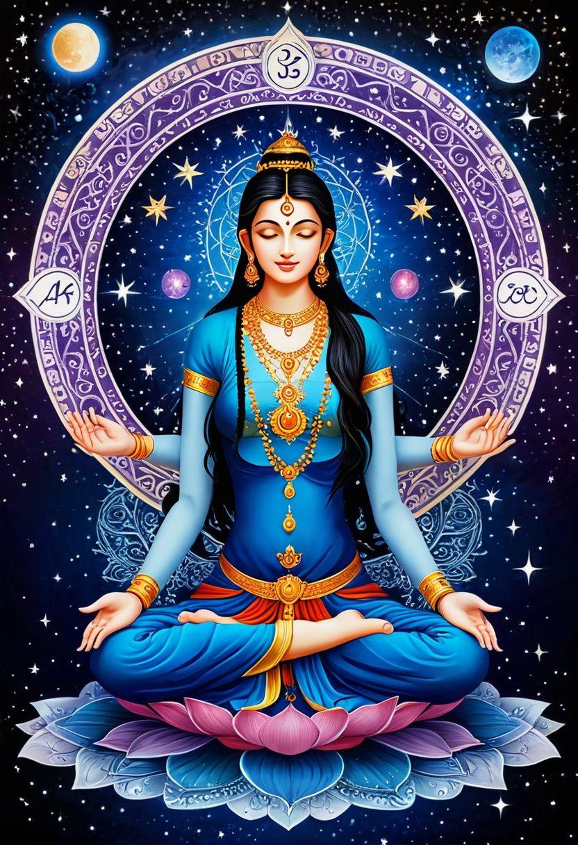 A mystical scene depicting an astrological chart surrounded by celestial symbols. Integrate elements of Hindu traditions such as lotus flowers, om symbols, and vibrant mandalas. In the background, a serene figure meditating under a starry night sky illuminated by soft moonlight. Emphasize a harmonious blend of spirituality and astrology. super-realistic. vibrant colors. 3D.